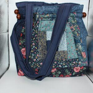 Vintage Quilted Floral Boho Bag with Wooden Bead Accents